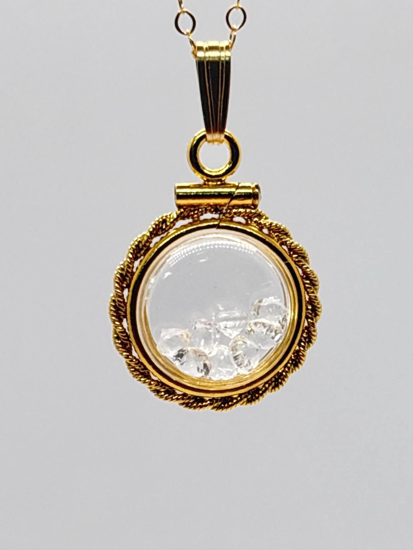 Handmade 12.5 mm 14k gold filled Gemstone  Shaker Locket with twisted Rope edge bezel, 0.75 cttw. White Topaz, Birthstone April