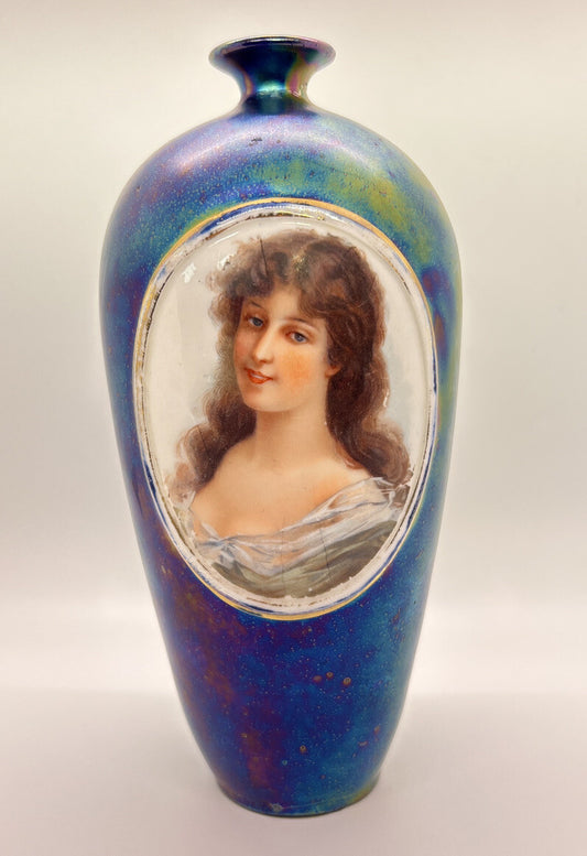 Antique 1920-30s Iridescent Blue Portrait Art Nouveau Woman Photo Glass Vase