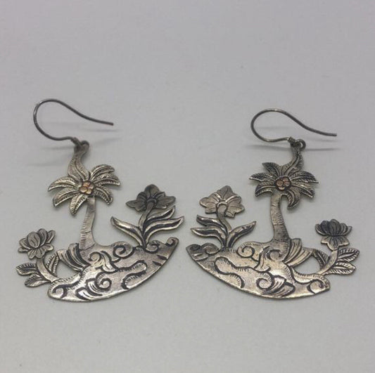 Large handmade silver earrings, gold wash, Indonesia,new old stock Palm trees