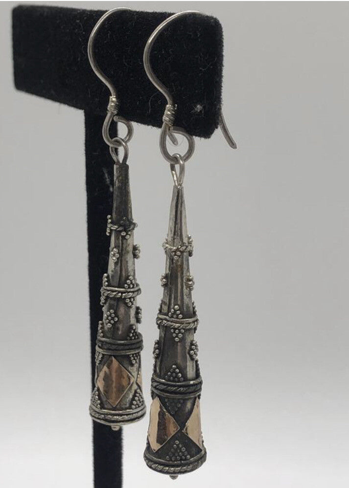 Large handmade sterling silver earring, gold wash, Indonesia,, new old stock