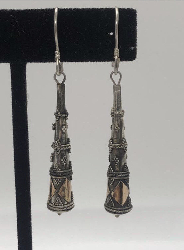 Large handmade sterling silver earring, gold wash, Indonesia,, new old stock