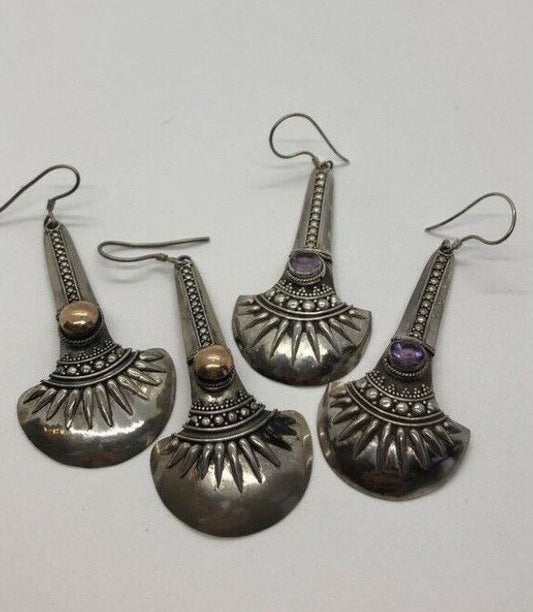 Sterling Silver Handmade Vintage Earrings, Indonesia, gold wash and amethyst