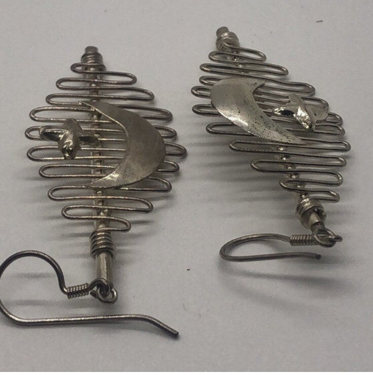 Large Handmade silver Earrings Indonesia, Vintage old stock, moon & stars