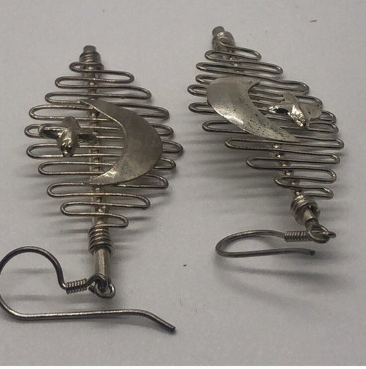 Large Handmade silver Earrings Indonesia, Vintage old stock, moon & stars