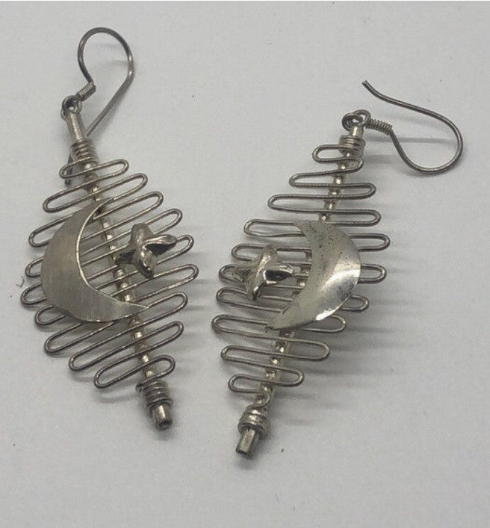 Large Handmade silver Earrings Indonesia, Vintage old stock, moon & stars