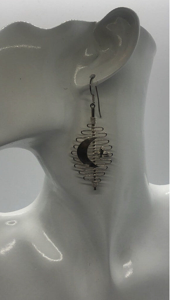 Large Handmade silver Earrings Indonesia, Vintage old stock, moon & stars