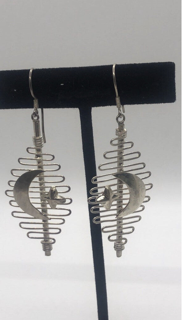 Large Handmade silver Earrings Indonesia, Vintage old stock, moon & stars