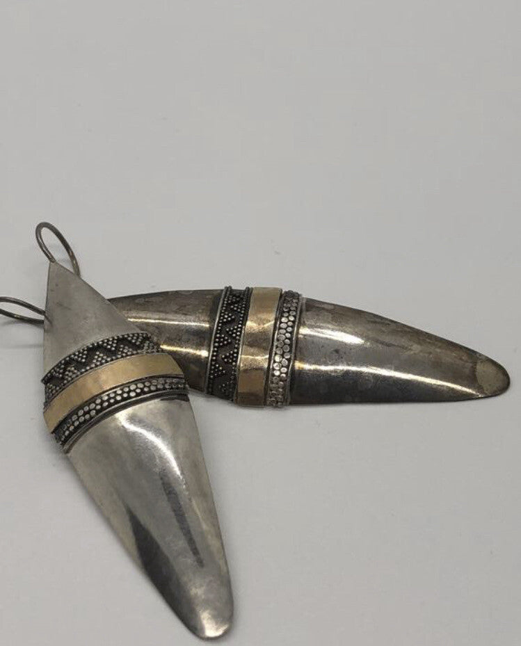 Large handmade sterling silver earrings gold wash, Indonesia, shields