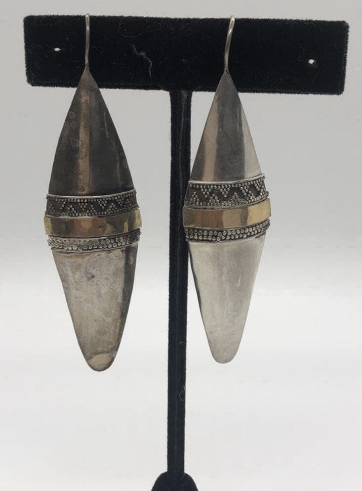 Large handmade sterling silver earrings gold wash, Indonesia, shields