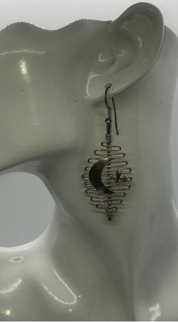 Large Handmade silver Earrings Indonesia, Vintage old stock, moon & stars