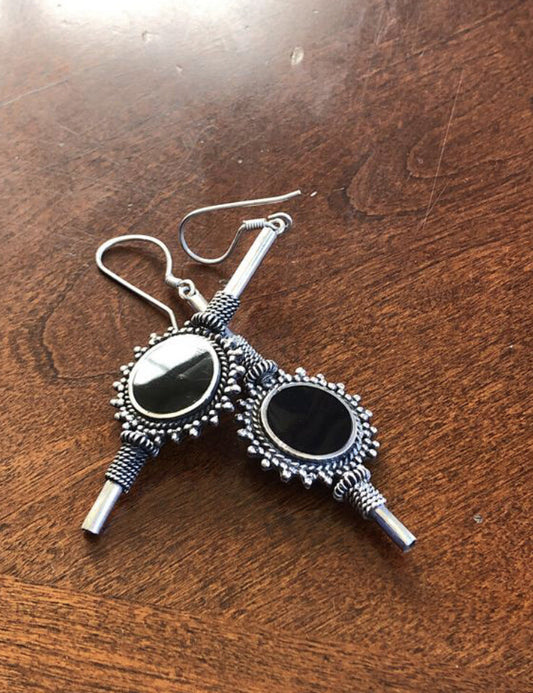 Handmade Sterling Silver Black Onyx Dangle Earrings Indonesia, Vintage old stock