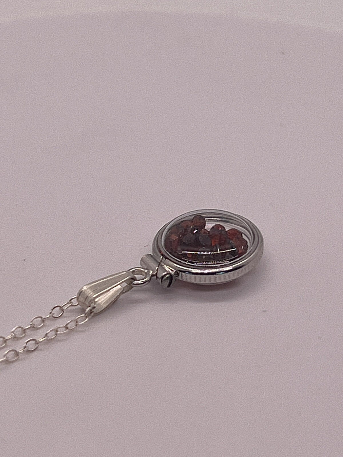 Diminutive Silver Garnet Shaker Locket Lucite, January Birthstone. 1.65 TCW
