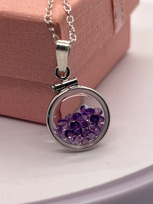 Diminutive Silver Amethyst Shaker Locket Lucite, February Birthstone. 1.2 TCW