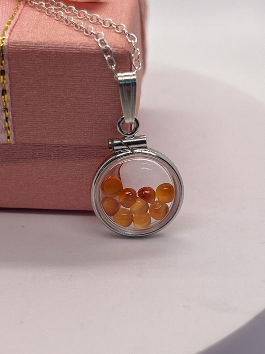 Diminutive Silver Carnelian Shaker Locket Lucite, natural orange cabs. 1.25 TCW