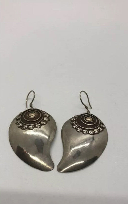 Large handmade sterling silver earring, gold wash, Indonesia,, new old stock