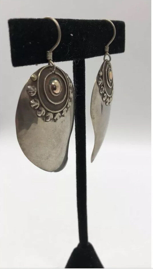 Large handmade sterling silver earring, gold wash, Indonesia,, new old stock