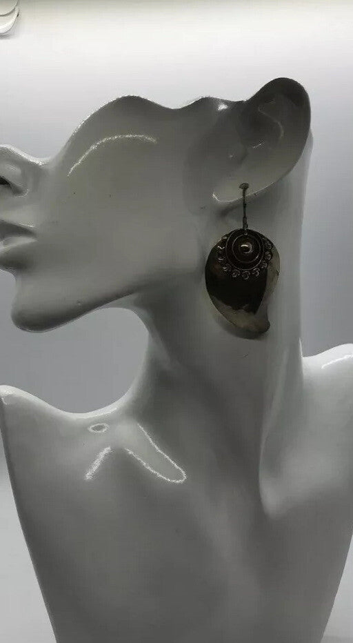 Large handmade sterling silver earring, gold wash, Indonesia,, new old stock