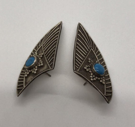 Large handmade sterling silver earring, Indonesia, unique Turquoise cabochon