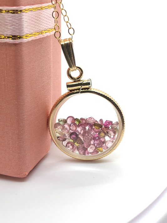 14k gold filled dime size Lucite Shaker Locket with Tourmaline October birthday