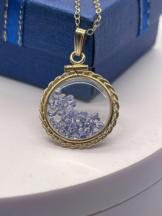 Tanzanite Rope Edge Shaker Locket 14k gold filled dime size Lucite, December