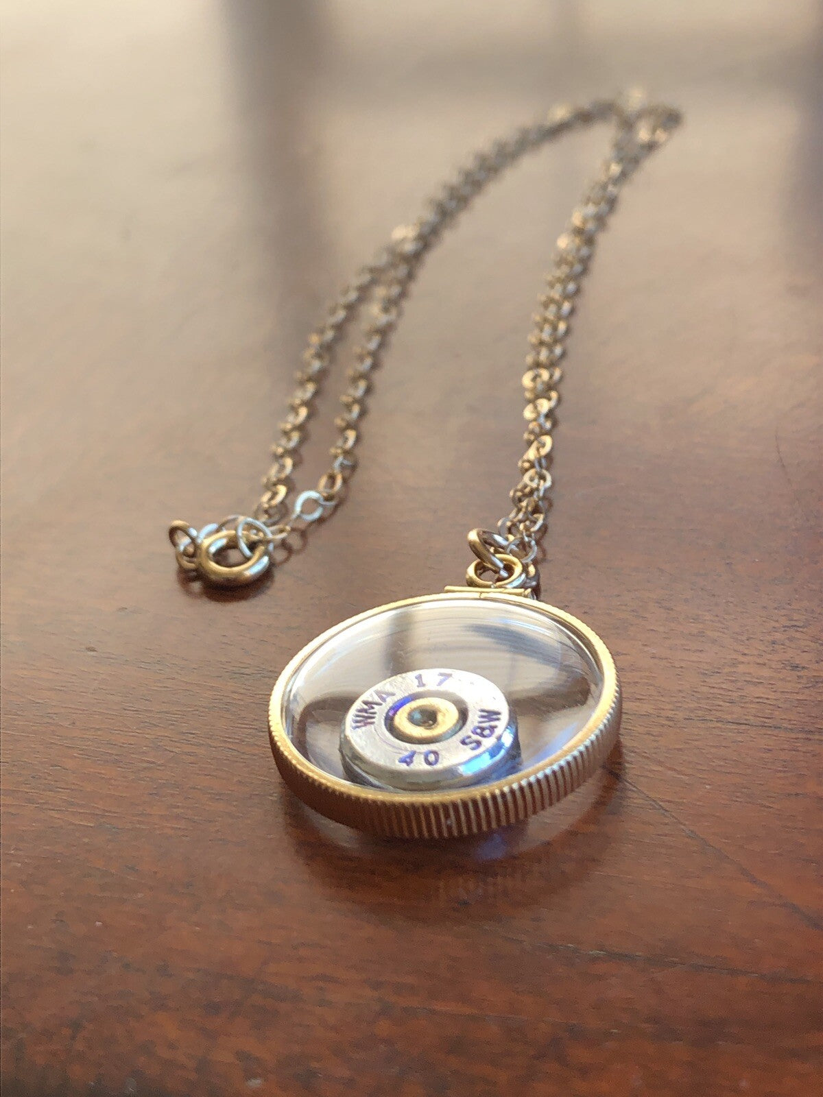S&W 40 cal bullet necklace,back to back view locket, 14k gold filled locket-new