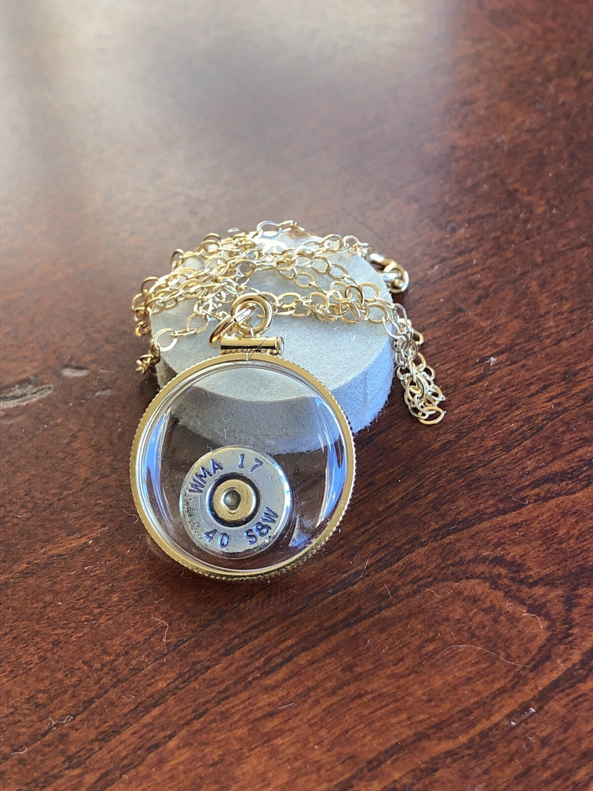 S&W 40 cal bullet necklace,back to back view locket, 14k gold filled locket-new