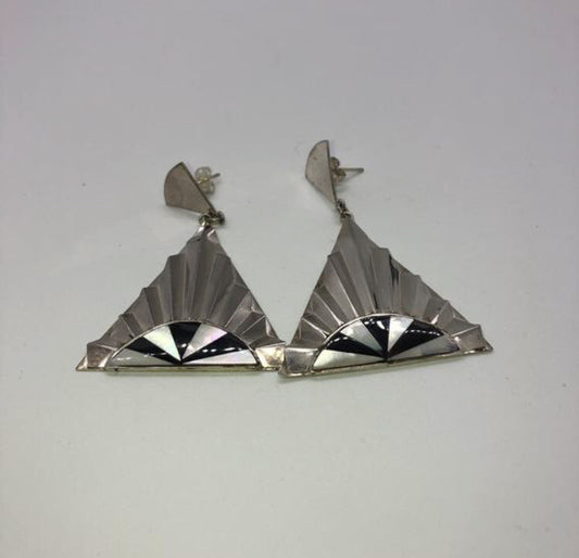 Large handmade sterling silver earrings, Indonesia, mother of pearl, onyx, nice!