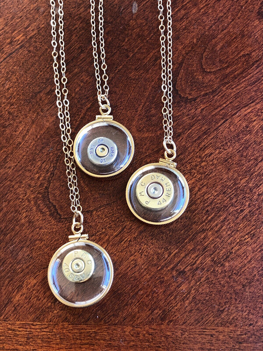 44 Magnum bullet necklace,  back to back view locket, 14k gold filled locket-new