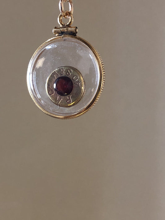 40 cal bullet necklace with 5 mm Garnet, Vintage 12k gold filled locket