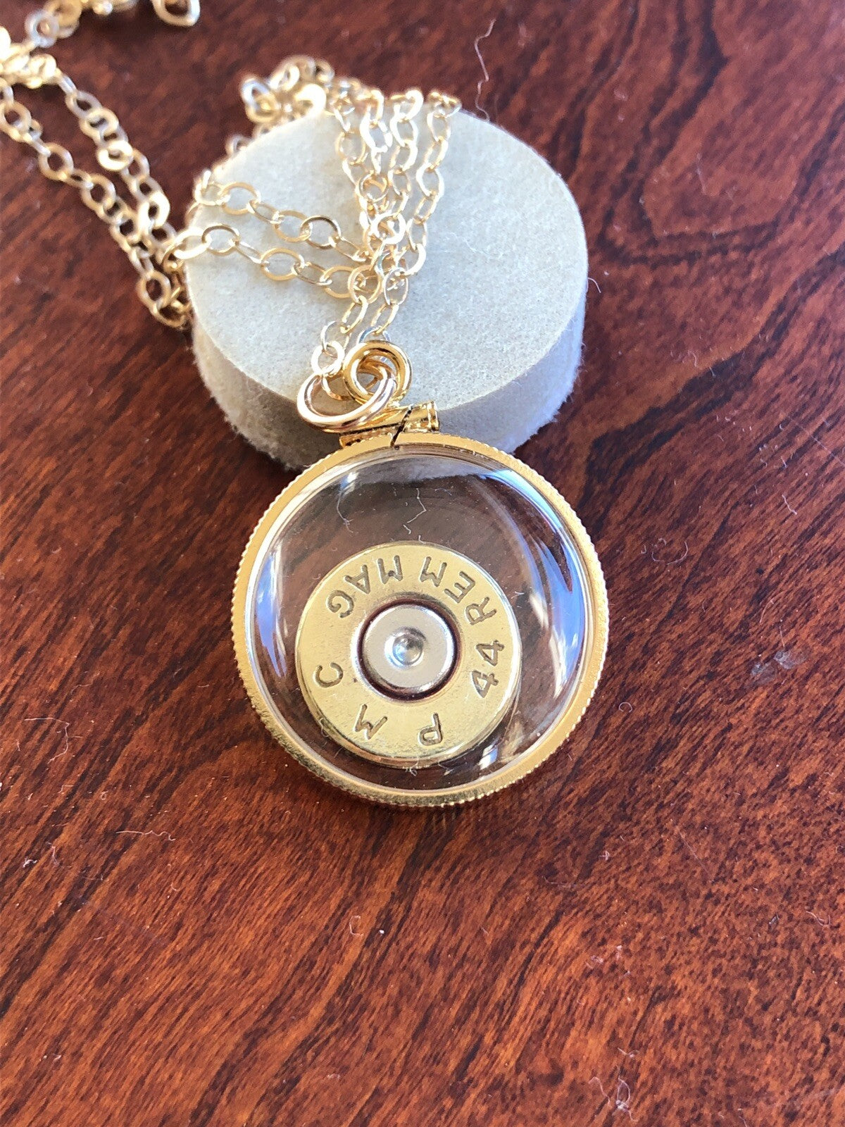 44 Magnum bullet necklace,  back to back view locket, 14k gold filled locket-new