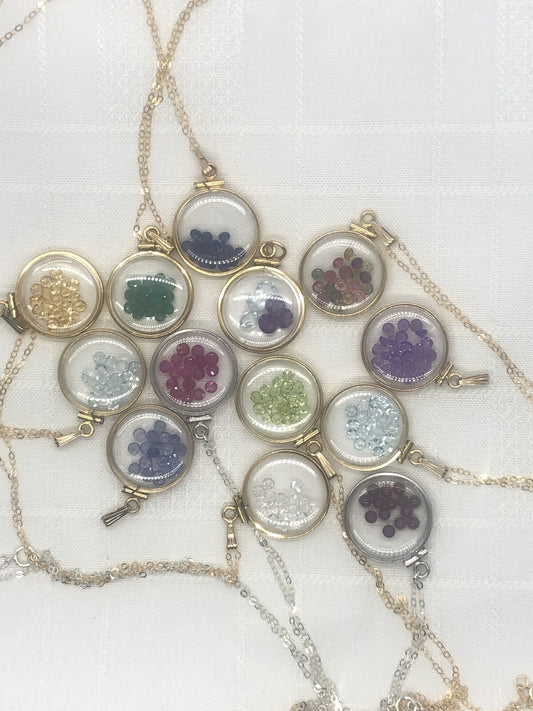Mother’s Day gem shaker lockets: Topaz, Peridot, Tourmaline, You build option