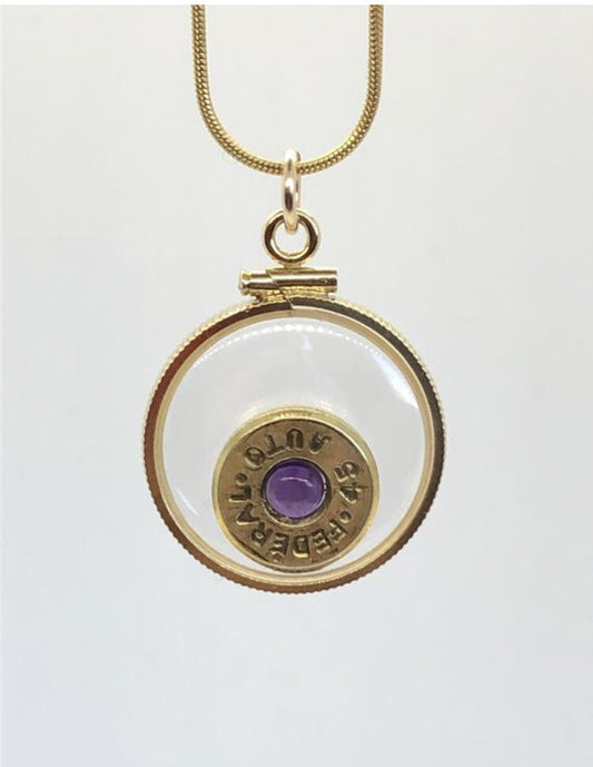 Handmade 14k gold filled Winchester 45 auto bullet locket, with .4 CT amethyst