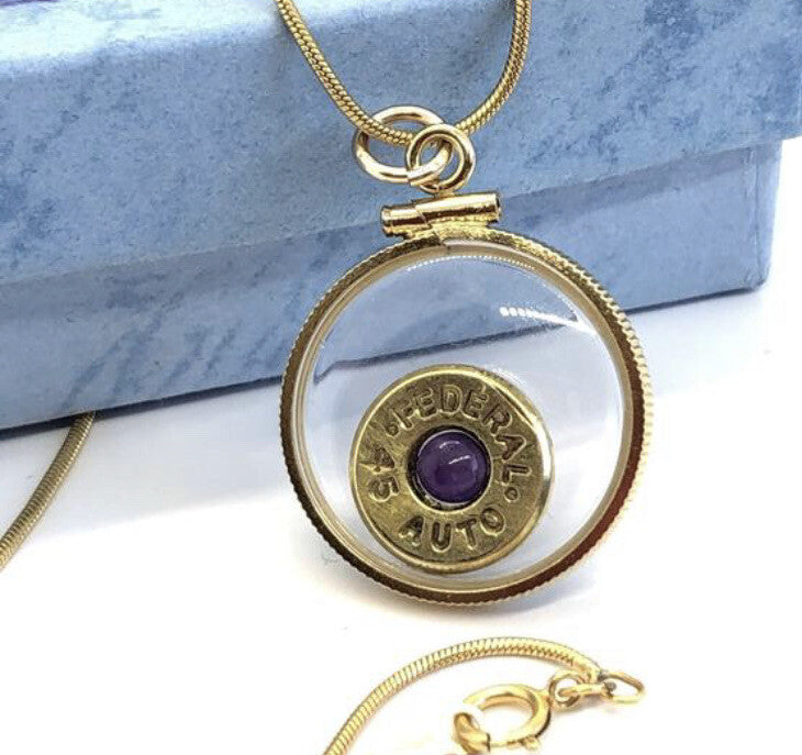 Handmade 14k gold filled Winchester 45 auto bullet locket, with .4 CT amethyst