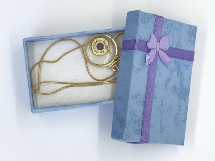 Handmade 14k gold filled Winchester 45 auto bullet locket, with .4 CT amethyst