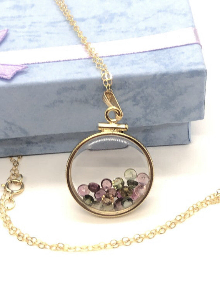 Mother’s Day gem shaker lockets: Topaz, Peridot, Tourmaline, You build option