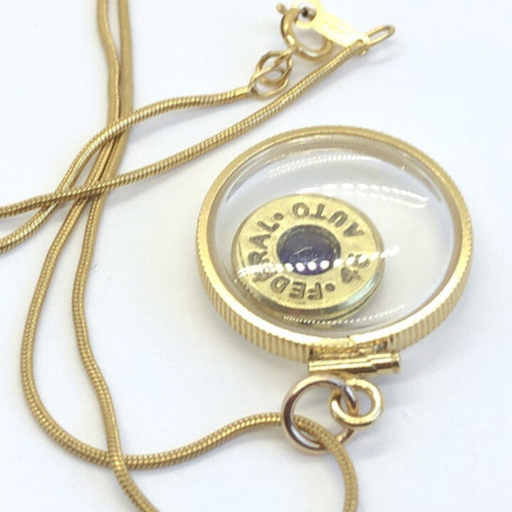 Handmade 14k gold filled Winchester 45 auto bullet locket, with .4 CT amethyst