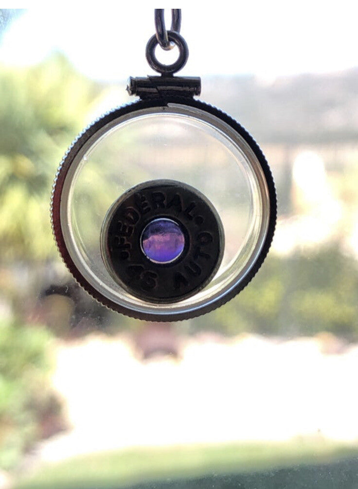 Handmade 14k gold filled Winchester 45 auto bullet locket, with .4 CT amethyst