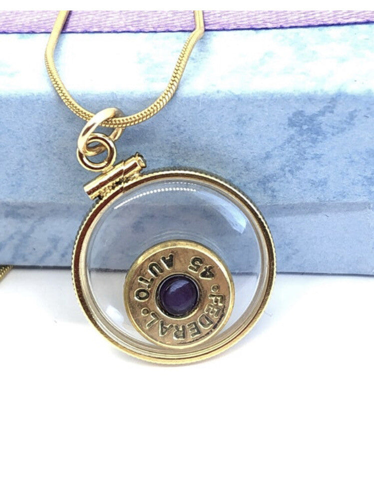 Handmade 14k gold filled Winchester 45 auto bullet locket, with .4 CT amethyst