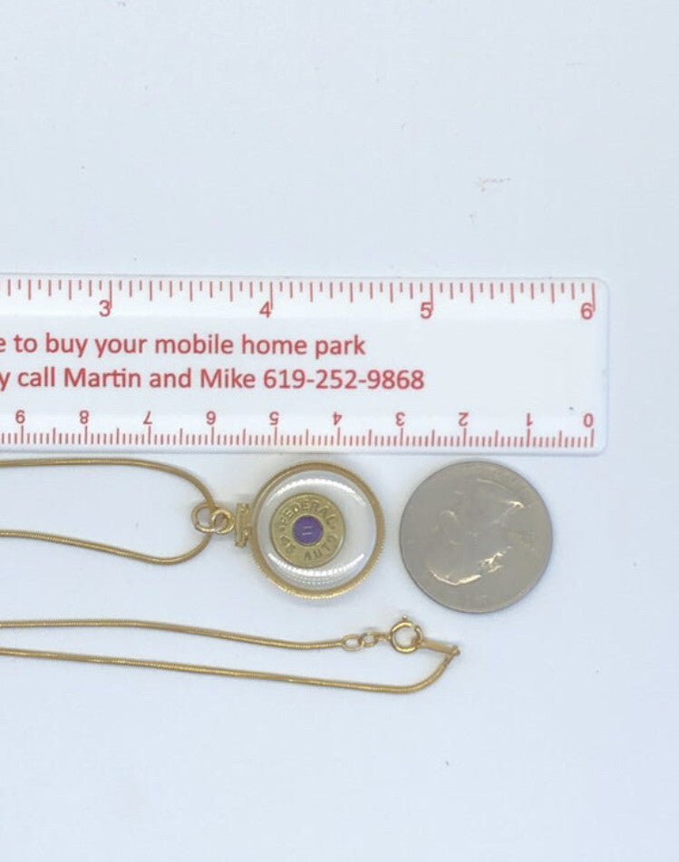 Handmade 14k gold filled Winchester 45 auto bullet locket, with .4 CT amethyst