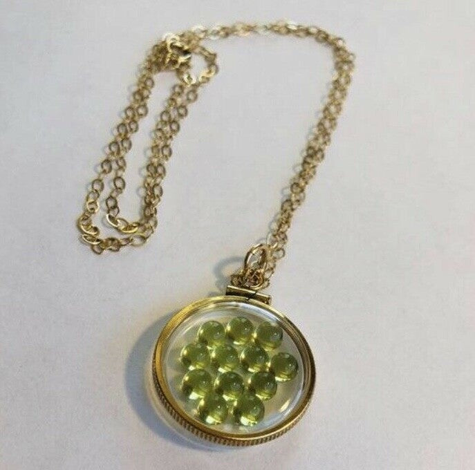 Vintage 12k gold filled shaker locket, beautiful green peridot cabochons UNIQUE