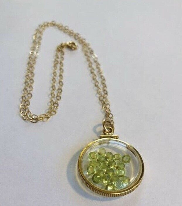 Vintage 12k gold filled shaker locket, beautiful green peridot cabochons UNIQUE