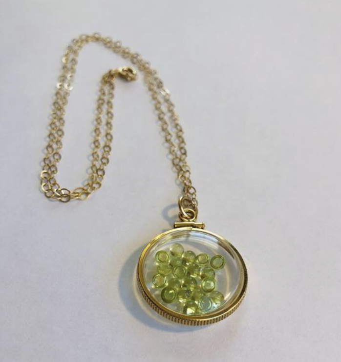 Vintage 12k gold filled shaker locket, beautiful green peridot cabochons UNIQUE