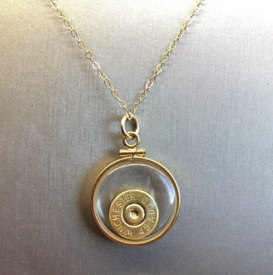 Winchester 45 auto handmade bullet slice  in 14k gold filled  shaker locket,