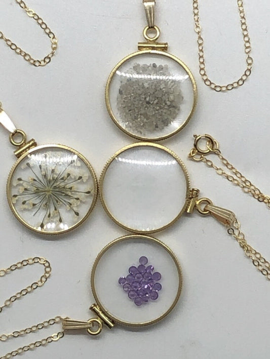 20 mm Empty Glass Shaker locket 14k gold filled  with chain, gems free tool