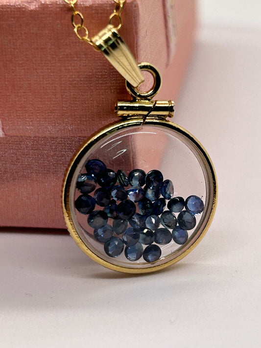 14k Solid gold dime size Lucite Shaker Locket w/ Sapphire, September birthstone