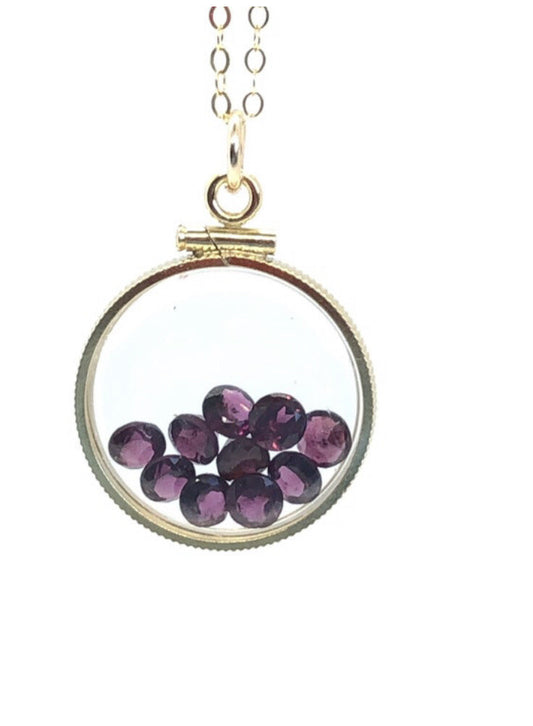 20mm 14k gold filled Shaker  locket, 4.16 TCW genuine Garnet gems, January Birth