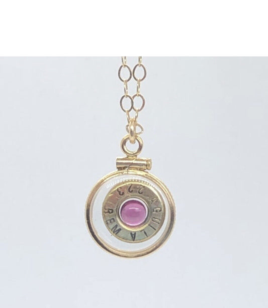 Handmade 14k gold filled .223 cal bullet view locket, with a genuine garnet