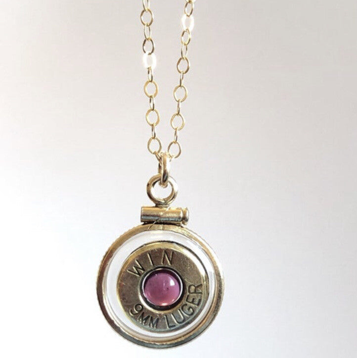 Handmade 14k gold filled 9 mm bullet view locket, with a genuine garnet