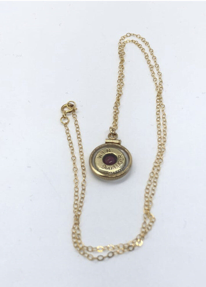 Handmade 14k gold filled 9 mm bullet view locket, with a genuine garnet