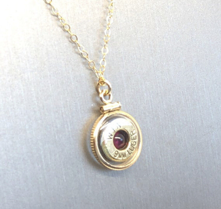 Handmade 14k gold filled 9 mm bullet view locket, with a genuine garnet